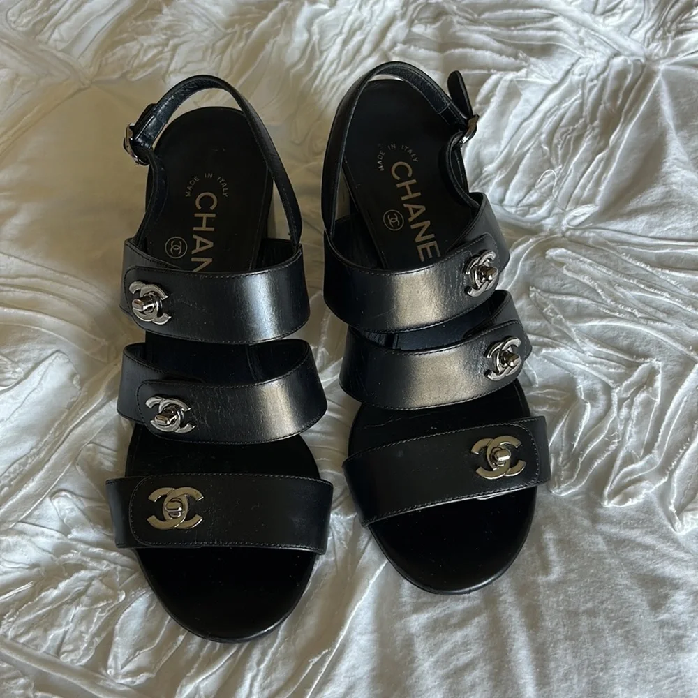 CHANEL Black Sandals with Silver Accents - Picture 3 of 10